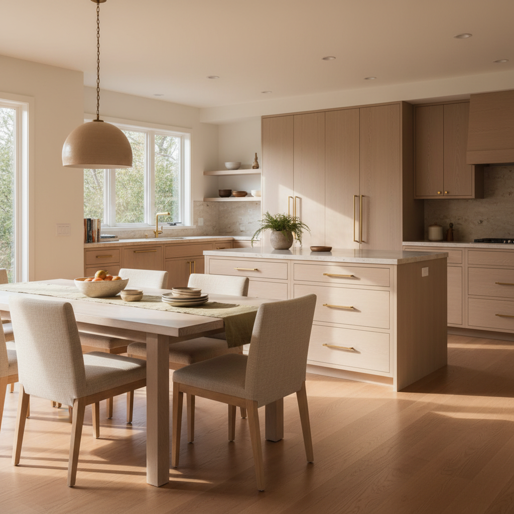 Quiet dining room with oak table, upholstered chairs, and filtered daylight