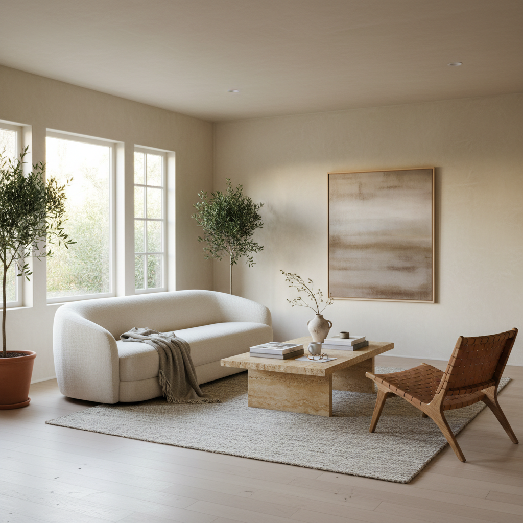Sunlit living room with warm neutral finishes and quiet California light
