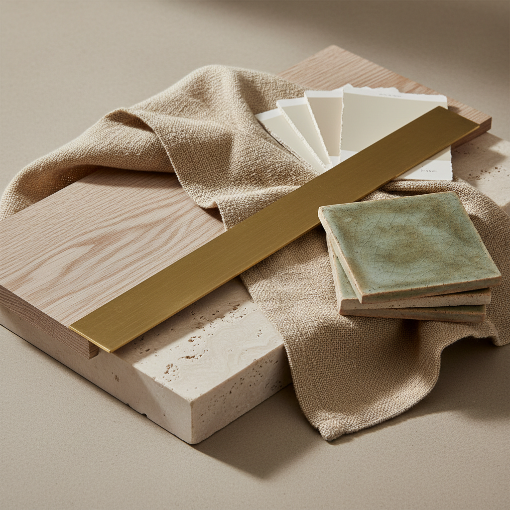 Interior design materials in stone, oak, brass, linen, and ceramic